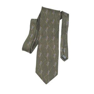 Bill Blass Black Label Olive Green Designer Silk Necktie Floral Geometric Print